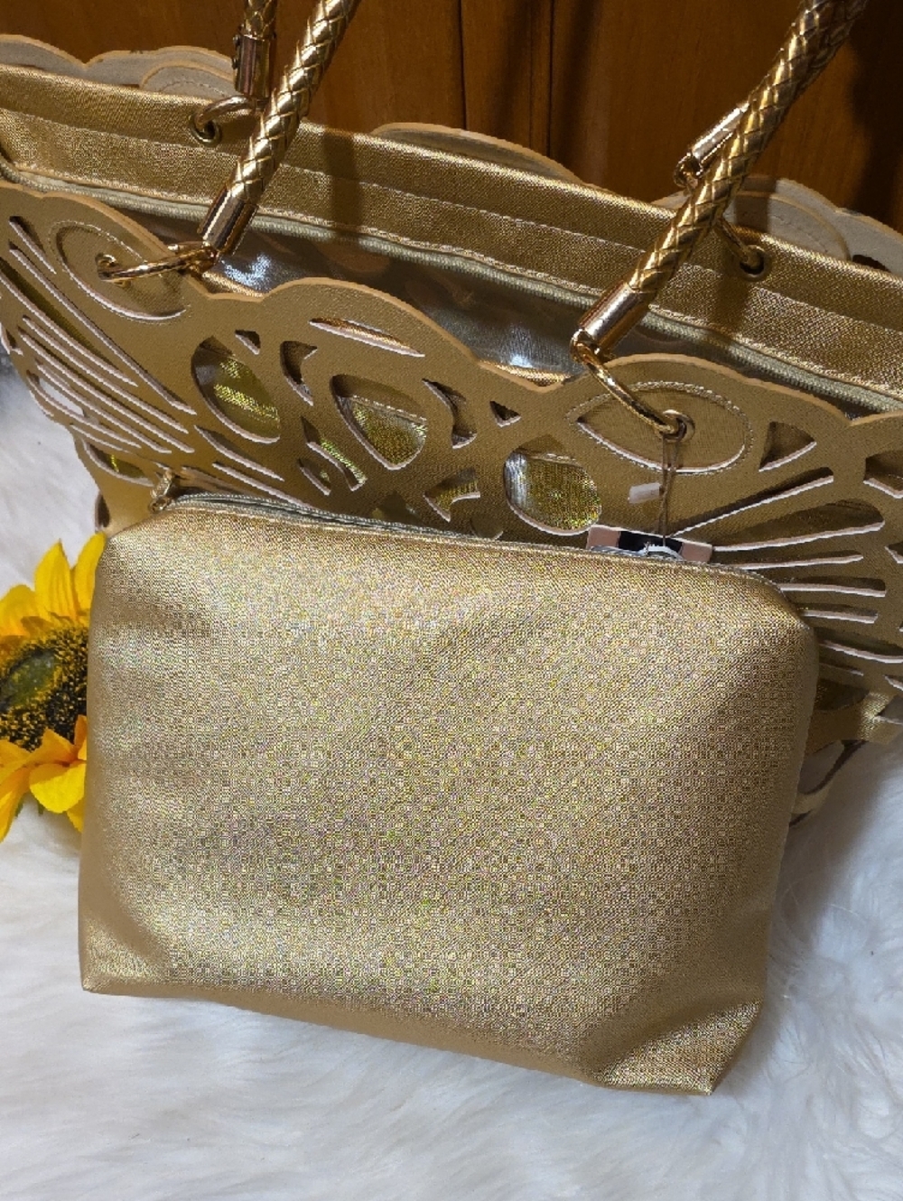 Mellow World Gold Laser-Cut Tote with Braided Handles - Picture 13 of 16